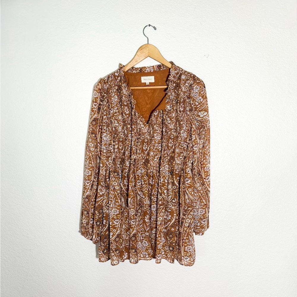MELLODAY Brown Paisley Ruffle Blouse
